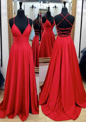 A-line V Neck Spaghetti Straps Sweep Train Charmeuse Prom Dresses With Pleated Split