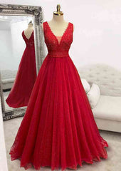 Sparkly Red Prom Dresses, A-line Princess V Neck Long/Floor-Length Tulle Prom Dresses With Appliqued Beading Glitter