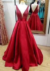 A-line V Neck Regular Straps Long/Floor-Length Satin Prom Dresses With Beading