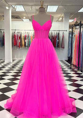 A-line V Neck Spaghetti Straps Sweep Train Tulle Prom Dresses With Pleated