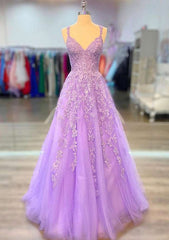 Romantic Beaded Long A-line Lace-embroidered Prom Dresses