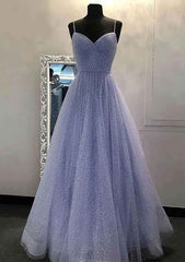 A-line V Neck Spaghetti Straps Long/Floor-Length Tulle Prom Dresses With Beading Sequins