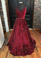 Unique Prom Dresses, A-line V Neck Spaghetti Straps Long/Floor-Length Velvet Sequins Prom Dresses With Beading