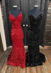 Trumpet/Mermaid V Neck Sleeveless Velvet Sequins Court Train Prom Dresses With Pleated