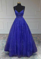 Royal Blue Prom Dresses, A-line V Neck Spaghetti Straps Long/Floor-Length Tulle Prom Dresses With Appliqued Beading Glitter