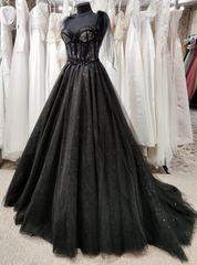 Tulle Black Prom Dresses, Off Shoulder A-Line Party Dresses Elegant Evening Dresses