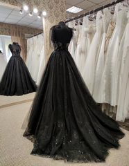 Tulle Black Prom Dresses, Off Shoulder A-Line Party Dresses Elegant Evening Dresses