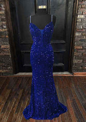 Trumpet/Mermaid V Neck Sleeveless Sweep Train Velvet Sequins Prom Dresses