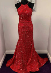 Trumpet/Mermaid Halter Sleeveless Sweep Train Velvet Sequins Prom Dresses