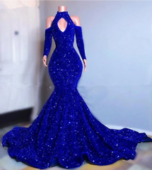 Blue sequin mermaid prom Dresses, shimmery African women party Dresses