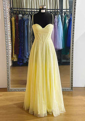 Yellow Prom Dresses, A-line Sweetheart Spaghetti Straps Long/Floor-Length Tulle Prom Dresses With Pleated Glitter