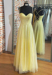 Yellow Prom Dresses, A-line Sweetheart Spaghetti Straps Long/Floor-Length Tulle Prom Dresses With Pleated Glitter