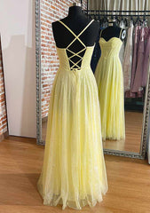 Yellow Prom Dresses, A-line Sweetheart Spaghetti Straps Long/Floor-Length Tulle Prom Dresses With Pleated Glitter