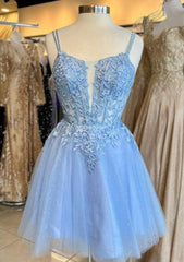 A-line Deep V Neck Tulle Short Homecoming Dresses