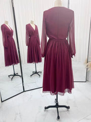 Tulle Burgundy Short Prom Dress With Sheer Sleeves