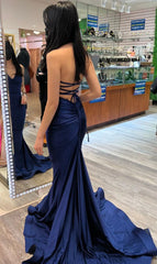 Charming Navy Mermaid Prom Dresses,Backless Evening Gown