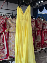 V-neck Chiffon Long Prom Dresses, A-line Prom Dresses