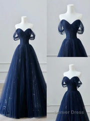 A-Line Off Shoulder Tulle Lace Dark Blue Long Prom Dress, Dark Blue Long Evening Dress