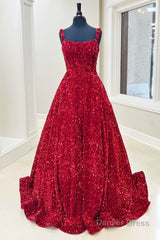 Red Sequin Square Neck Backless A-Line Long Prom Gown