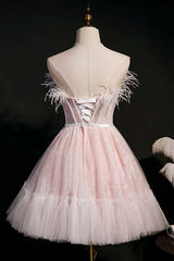 Pink Feather Strapless A-Line Short Homecoming Dresses