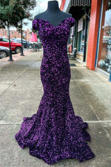 Purple Sequin Off-the-Shoulder Lace-Up Mermaid Long Dresses