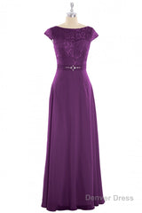 Elegant Purple Lace Cap Sleeve A-Line Long Bridesmaid Dress