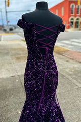 Purple Sequin Off-the-Shoulder Lace-Up Mermaid Long Dresses