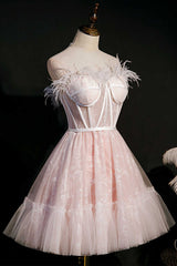 Pink Feather Strapless A-Line Short Homecoming Dresses