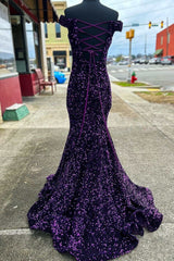 Purple Sequin Off-the-Shoulder Lace-Up Mermaid Long Dresses