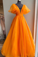 Orange Organza Long A-Line Prom Dresses, Beautiful V-Neck Evening Dresses