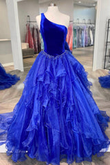 Blue Velvet Tulle One Shoulder Prom Dresses, Blue Floor Length Evening Dresses