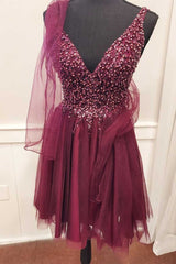 A-Line Burgundy Beaded Tie-Back Homecoming Dresses