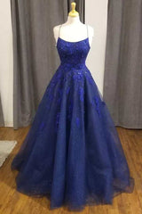 Sparkles Blue Floral Lace Backless A-Line Prom Dresses