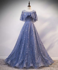 Unique Round Neck Tulle Lace Long Prom Dress, Blue Lace Evening Dress