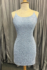 Light Blue Lace-Up Sequins Sheath Homecoming Dresses