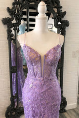 Lavender Floral Appliques Split Neck Mermaid Long Prom Dresses