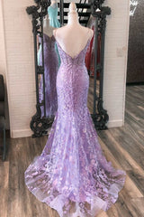 Lavender Floral Appliques Split Neck Mermaid Long Prom Dresses