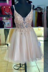 Rose Gold Straps Deep V Neck Appliques Tulle Homecoming Dresses