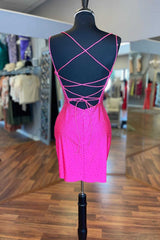 Hot Pink Beaded Lace-Up Bodycon Mini Homecoming Dresses