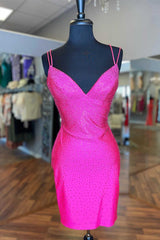 Hot Pink Beaded Lace-Up Bodycon Mini Homecoming Dresses