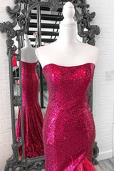 Fuchsia Sequin Feather Strapless Mermaid Long Prom Dresses with Slit