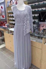 Two-Piece Grey Lace Chiffon Round Neck A-Line Formal Dresses with Cardigan