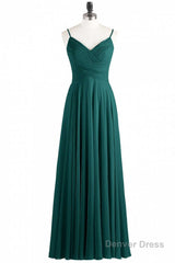 Hunter Green Chiffon V-Neck Spaghetti Straps A-Line Long Dress