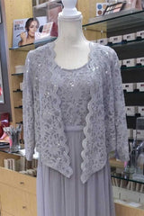 Two-Piece Grey Lace Chiffon Round Neck A-Line Formal Dresses with Cardigan