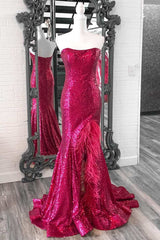 Fuchsia Sequin Feather Strapless Mermaid Long Prom Dresses with Slit