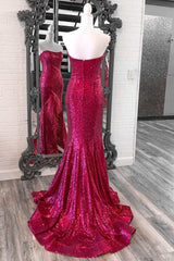 Fuchsia Sequin Feather Strapless Mermaid Long Prom Dresses with Slit