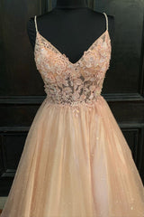 Blush Pink Appliques Straps V Neck A-line Long Prom Dresses