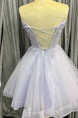 Lavender Strapless Appliques Tulle Lace-Up Homecoming Dresses