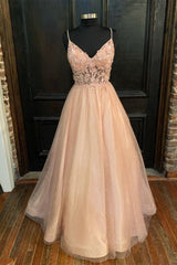 Blush Pink Appliques Straps V Neck A-line Long Prom Dresses