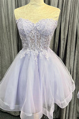 Lavender Strapless Appliques Tulle Lace-Up Homecoming Dresses